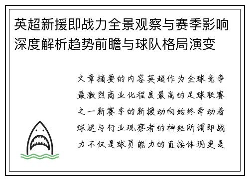英超新援即战力全景观察与赛季影响深度解析趋势前瞻与球队格局演变