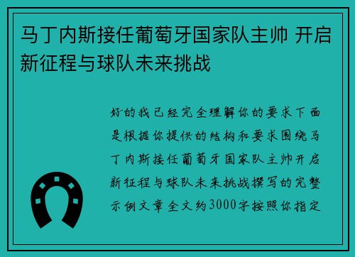 马丁内斯接任葡萄牙国家队主帅 开启新征程与球队未来挑战